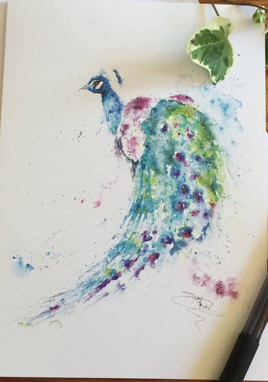Peacock Card, A5 blank greeting card with a watercolour