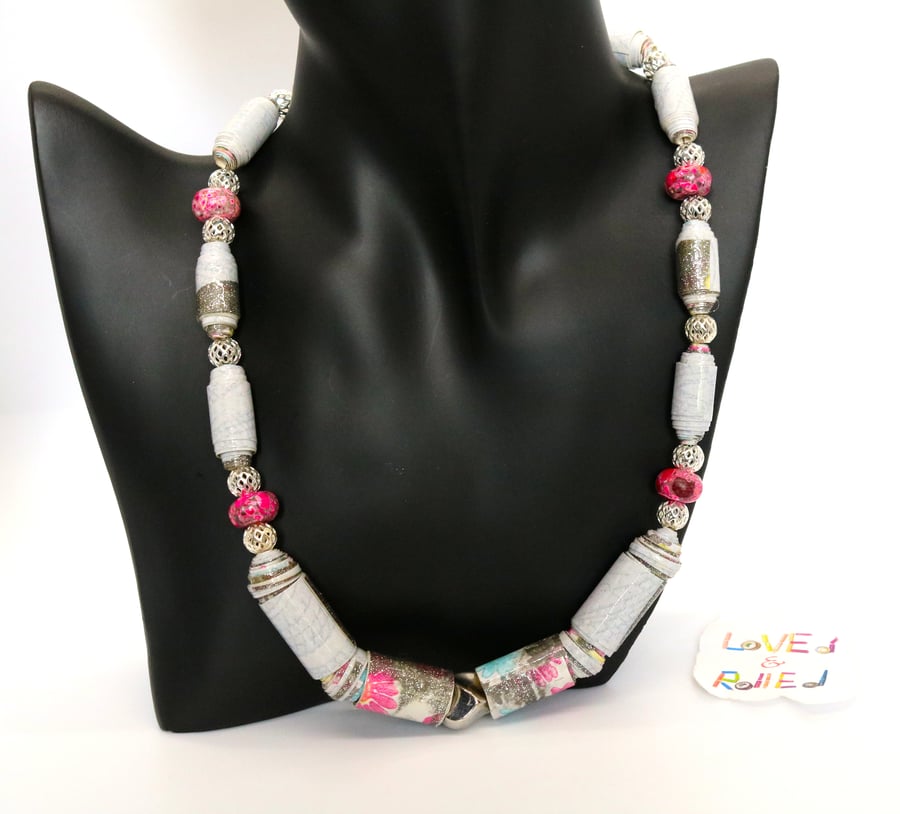 Sparkly necklace made with glittery multicoloured wall paper beads