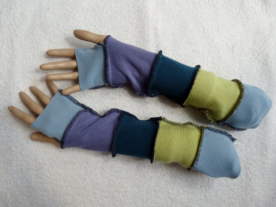 Upcycled Sweater Fingerless Gloves In  Blue and Green. Mixed Fibres
