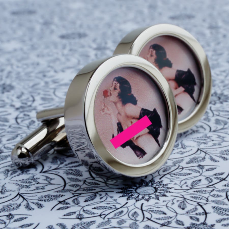 Raven Haired Nude with a Red Rose Cuff Links, Beautifully Illustrated Pin Up Ima