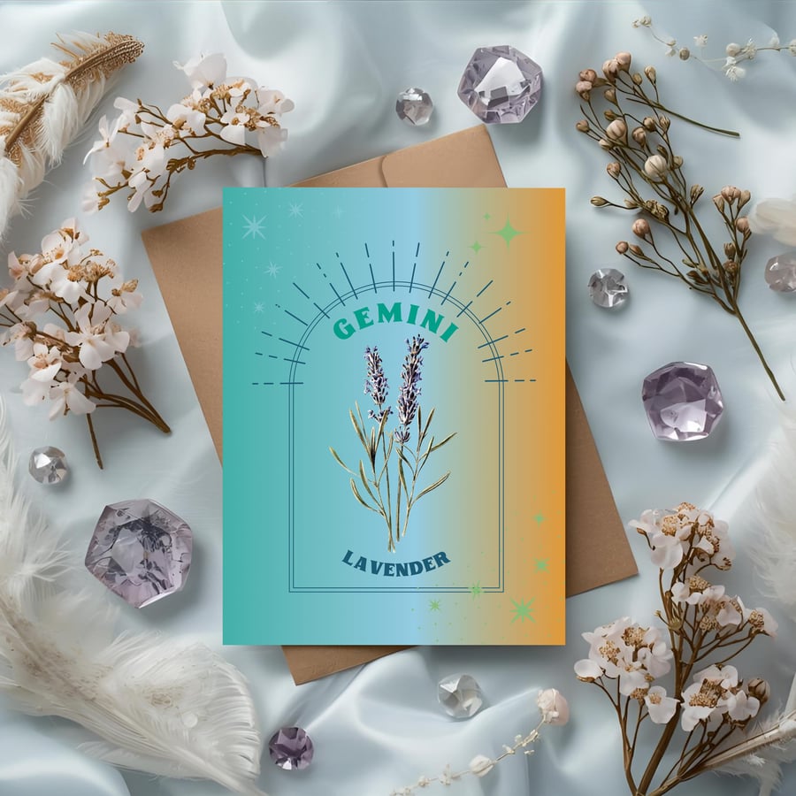 Gemini Zodiac Flower Card. Lavender. Birthday Card for May 21 – Jun 20.