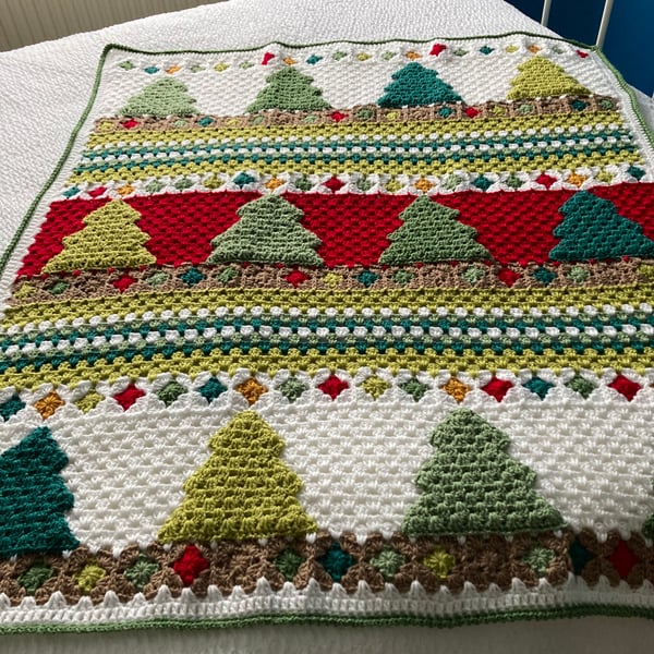 The Spruce Trees and Stripes Crocheted Christmas Blanket