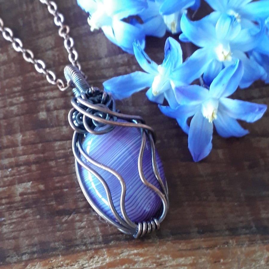 Purple and copper pendant, wire wrapped necklace