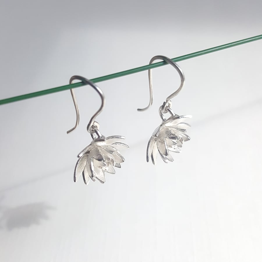 Silver Flower Drop Earrings, Lotus Flower Earrings