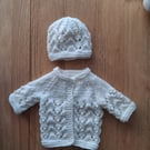 Hand Knitted Doll Cardigan And Hat Set In Cream Soft Acrylic Yarn (A14c)