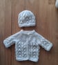 Hand Knitted Doll Cardigan And Hat Set In Cream Soft Acrylic Yarn (A14c)