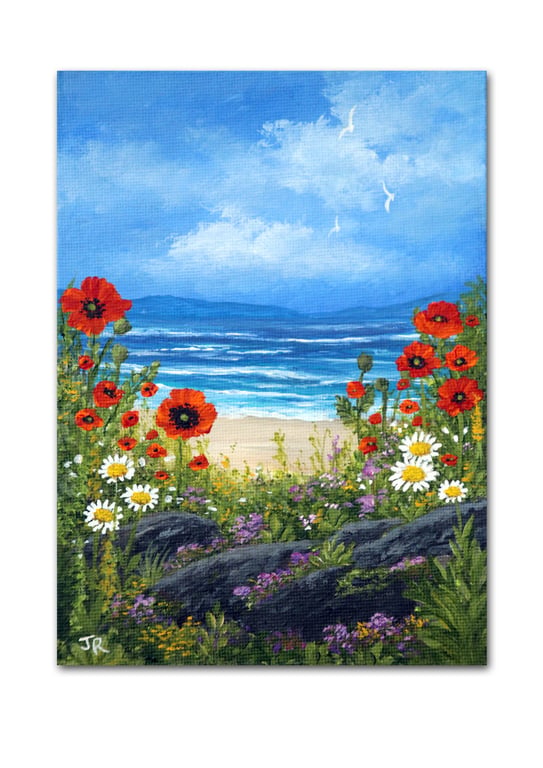 Original Painting "Poppies by the Beach" 7x5" Canvas Board