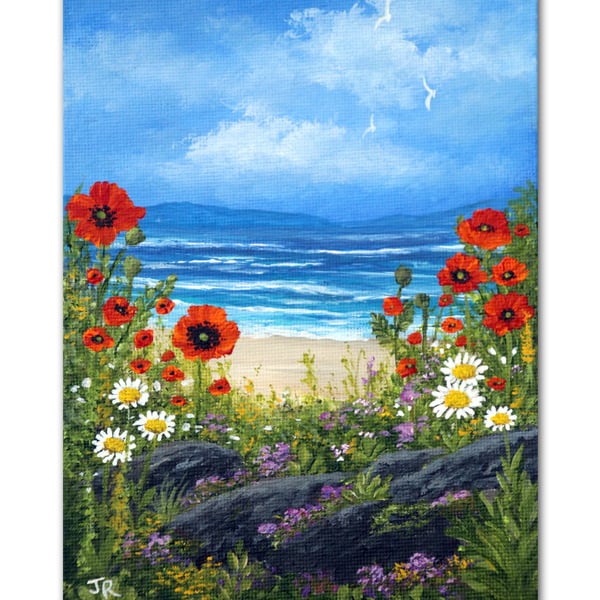 Original Painting "Poppies by the Beach" 7x5" Canvas Board