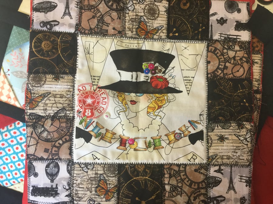 Steam Punk Style Patchwork Cushion Cover - Girl with Hat