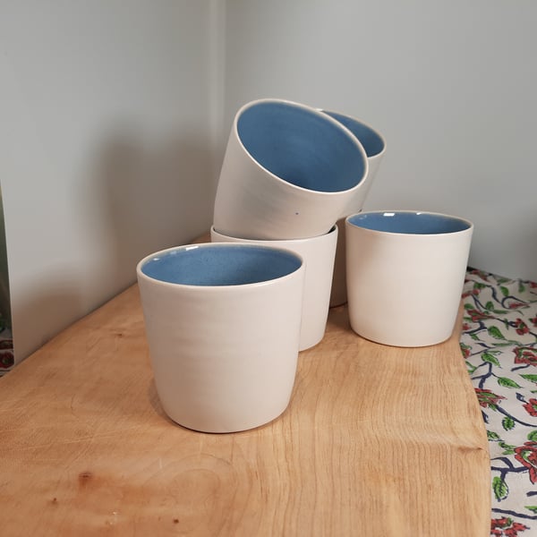 CERAMIC BLUE AND WHITE COFFEE TUMBLER, STONEWARE BEAKER