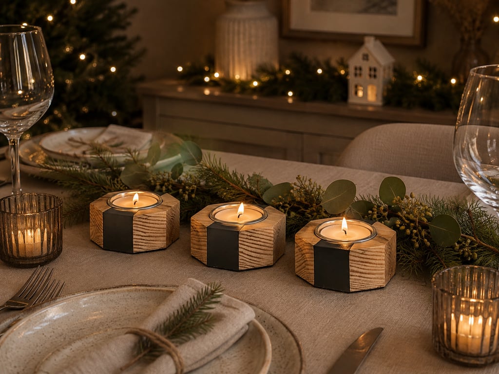 Handmade Wooden Candle Holder Set - Upcycled Tealight Set - Hague Blue Accent