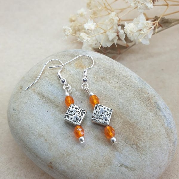 Boho style dangle drop earrings silver plate with silver p beads and czech glass