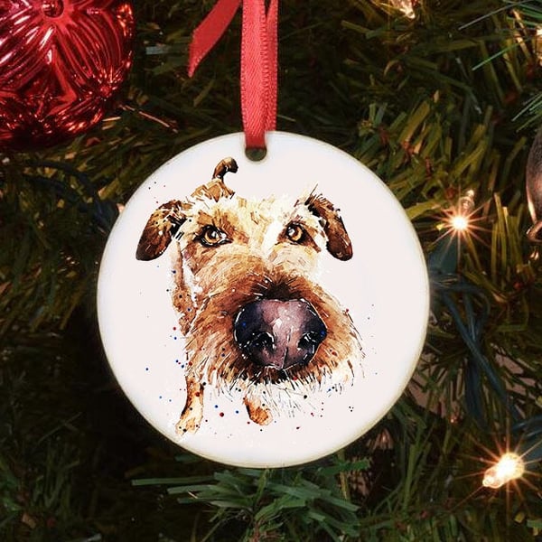 Irish Terrier Close Up - Ceramic Circle Tree Decoration. Irish Terrier Xmas Tree