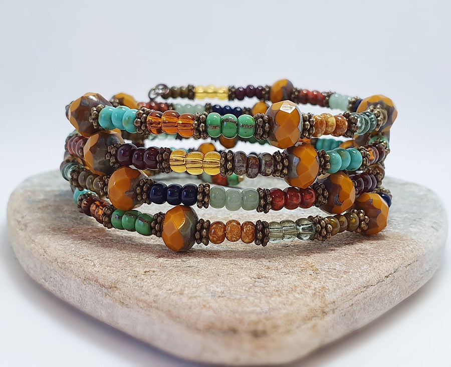 Rustic colourful beaded wrap bracelet in autumn colours 