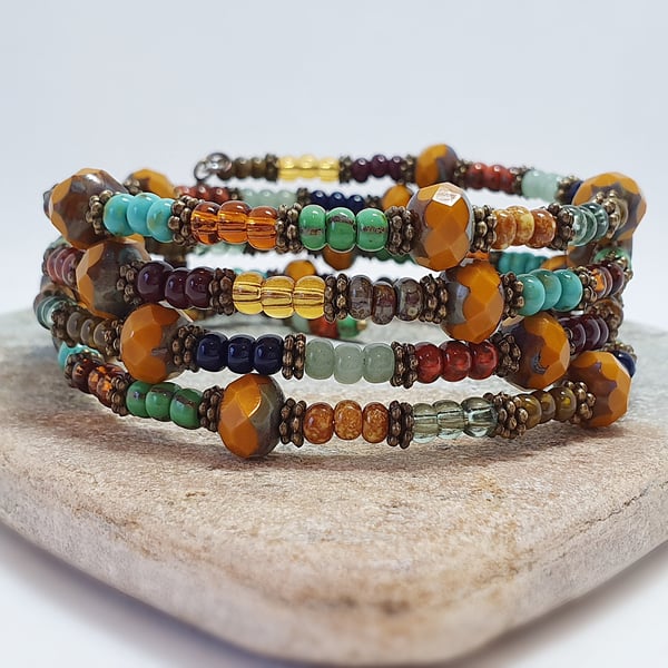 Rustic colourful beaded wrap bracelet in autumn colours 