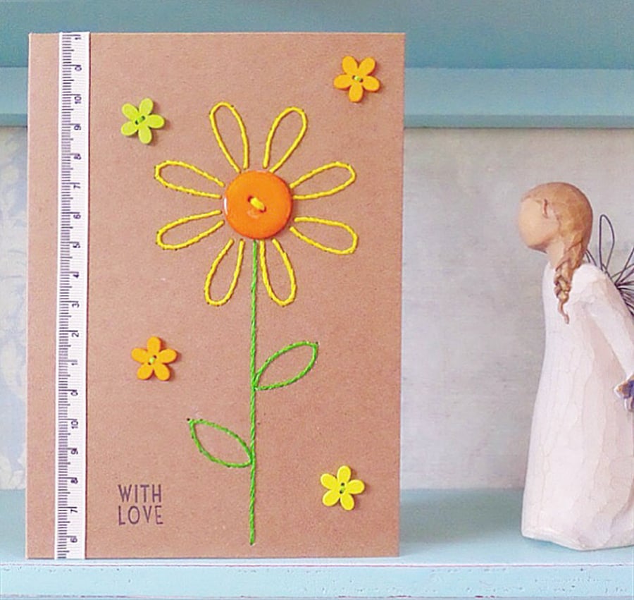 Sunflower Card. Hand Sewn Card. Stitched Card. Handmade Card. Blank Card. 
