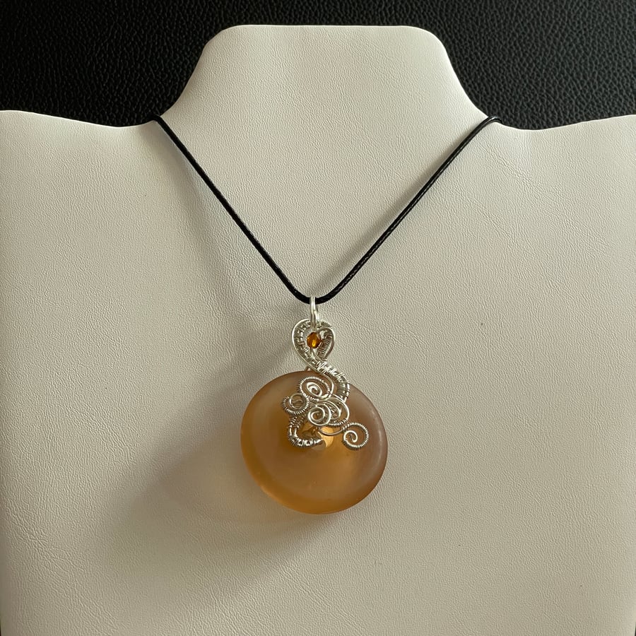 Amber Frosted Glass Wire Wrapped Donut Pendant