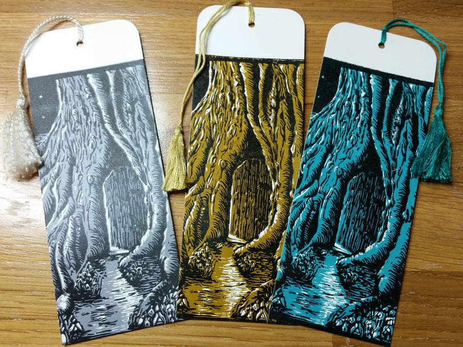 Original fairy tree door linocut bookmark. Choose the colour you want