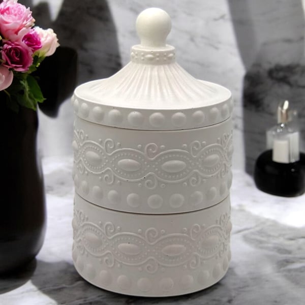 White Two Tiered Ornate Jewellery Box - Trinket Pot With Lid (otp4&5)