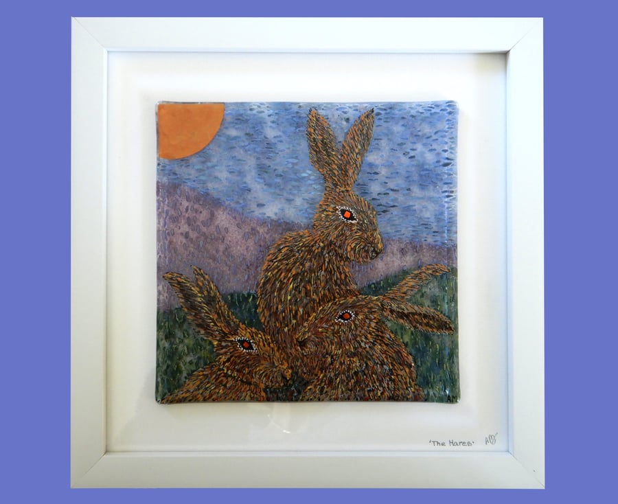 Handmade Fused Glass 'The Hares & The Moon' Picture