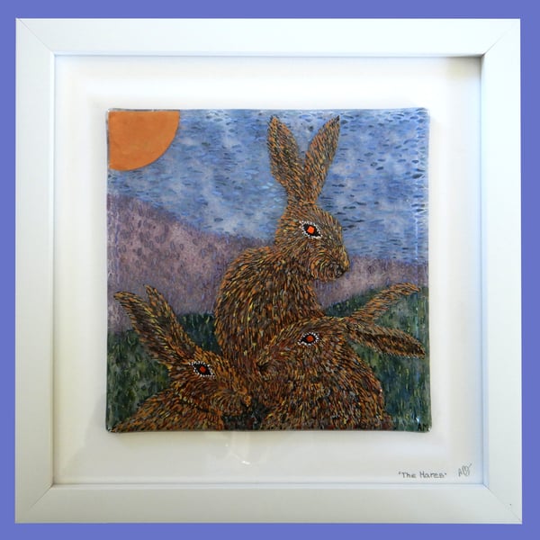 Handmade Fused Glass 'The Hares & The Moon' Picture