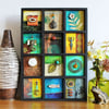 Mixed media artwork - assemblage art in lemon and teal