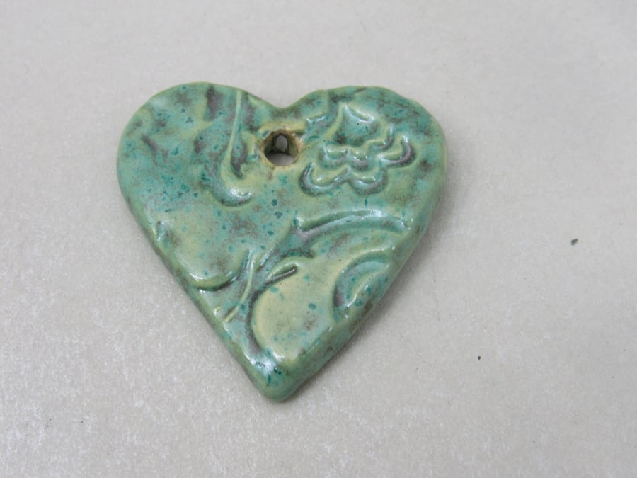 Medium Verdigris Brocade Texture Heart Shaped Ceramic Pendant