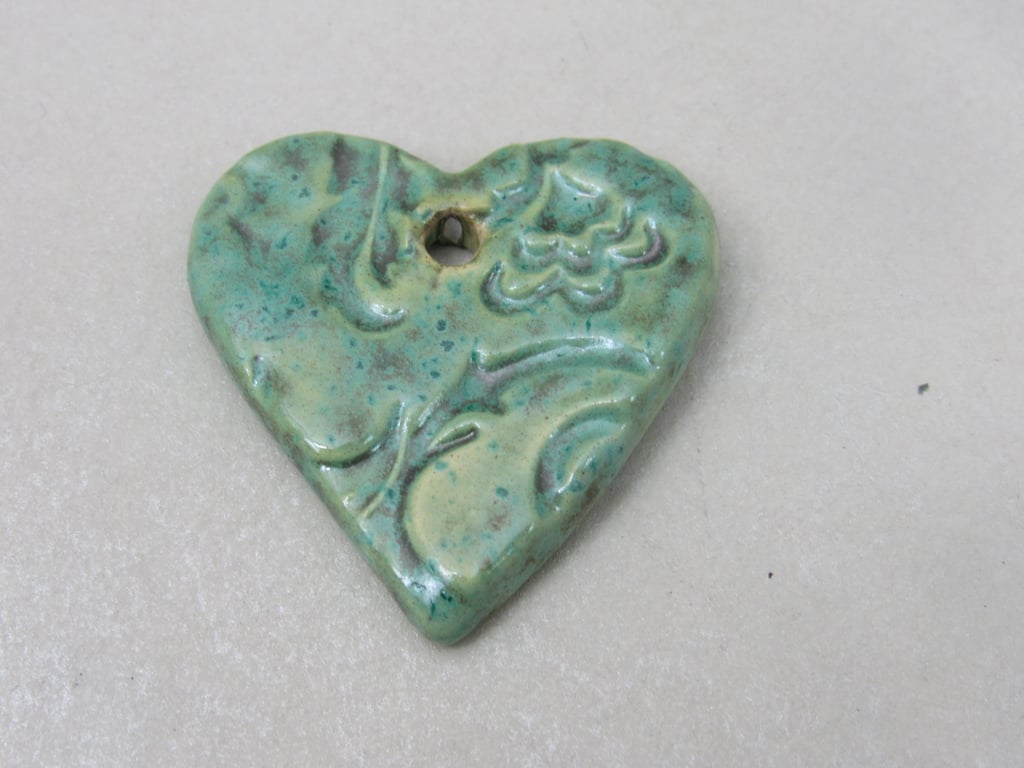 Medium Verdigris Brocade Texture Heart Shaped Ceramic Pendant