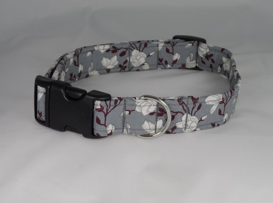 Handmade Summer Fabric Dog Collar - Grey Floral - Large 
