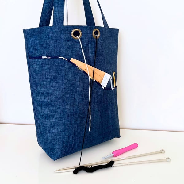 Knitting project bag , navy bees
