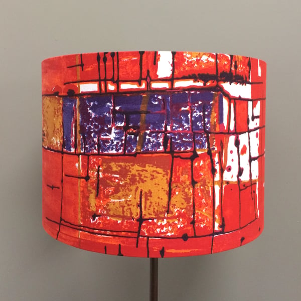 Retro Mid Century Geometric Grid Red Orange 50s 60s Vintage fabric Lampshade 