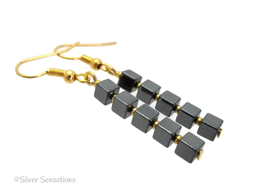 Black Hematite Cube Beads & Gold or Silver Handmade Drop Fashion Earrings