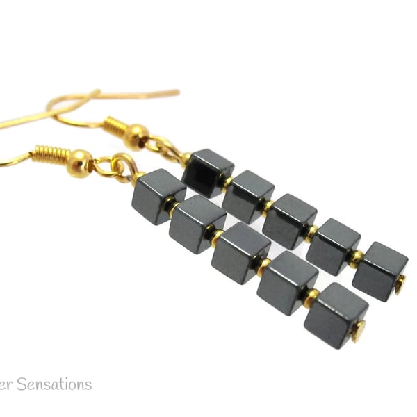 Black Hematite Cube Beads & Gold or Silver Handmade Drop Fashion Earrings