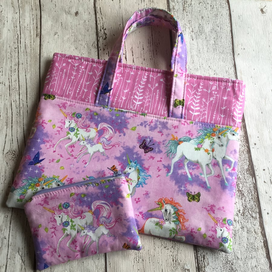 Pink & Mauve Unicorn Themed Bag & Purse Set