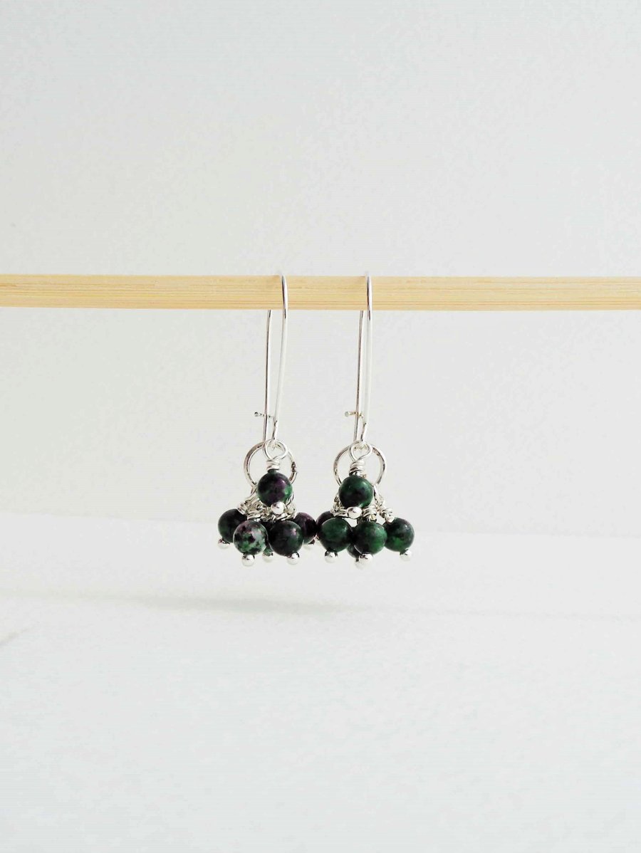 Gemstone Cluster Dangle Earrings Silver and Ruby in Zoisite