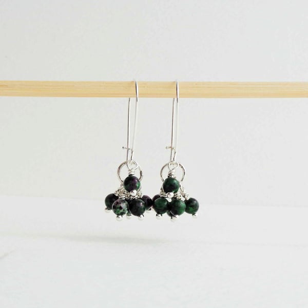 Gemstone Cluster Dangle Earrings Silver and Ruby in Zoisite