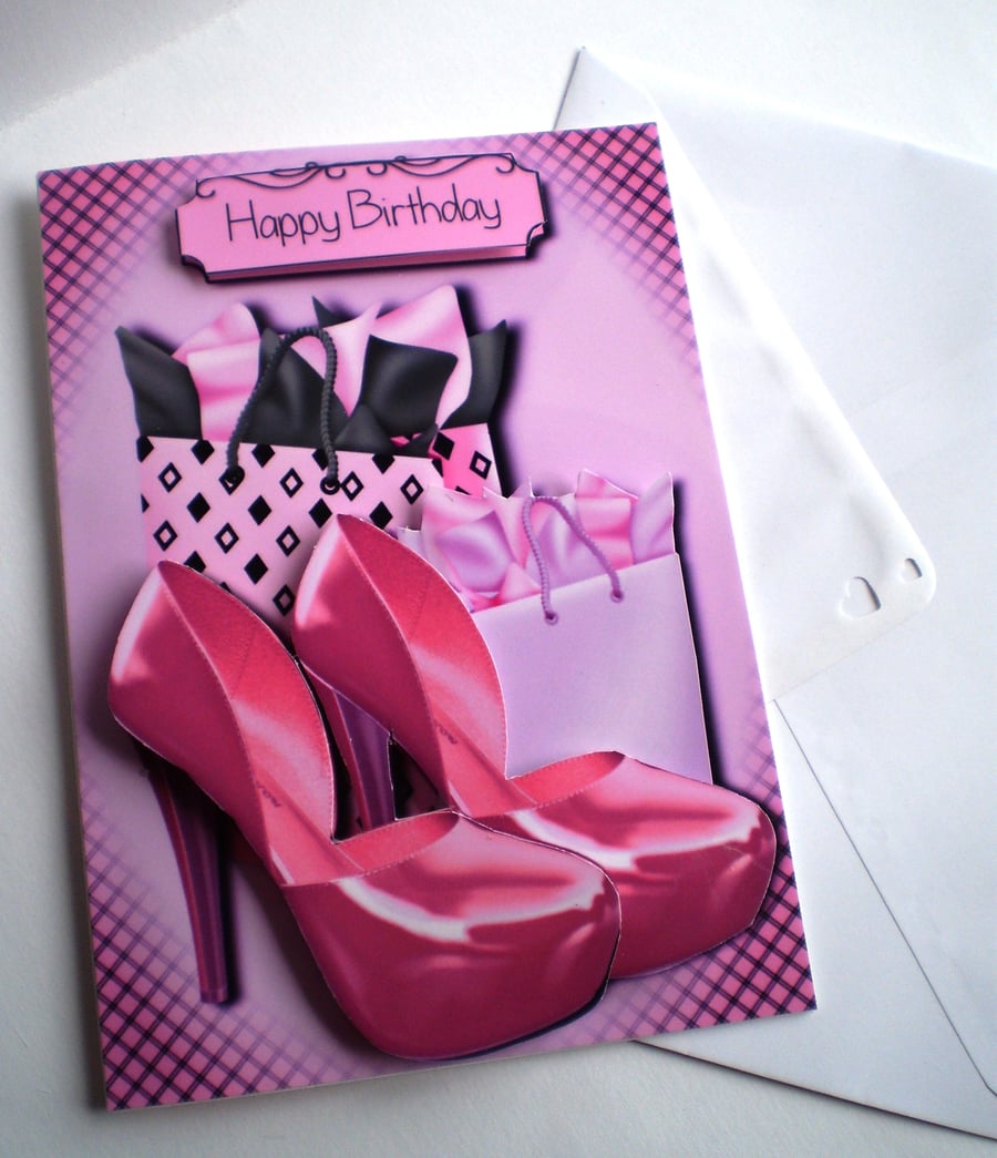 Handmade Girly Pink Shoes Birthday Card,3D,Decoupage 18th 21st,Personalise