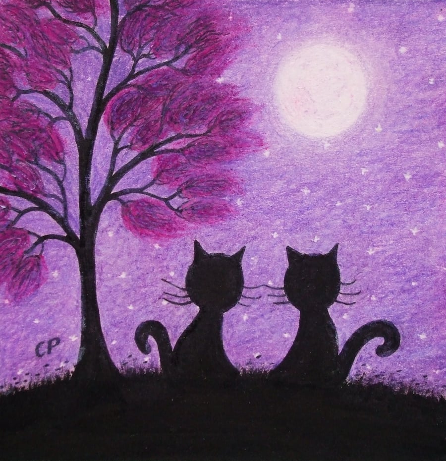 Cat Card, Purple Tree Moon Card, Two Black Cats Anniversary Card, Engagement Cat
