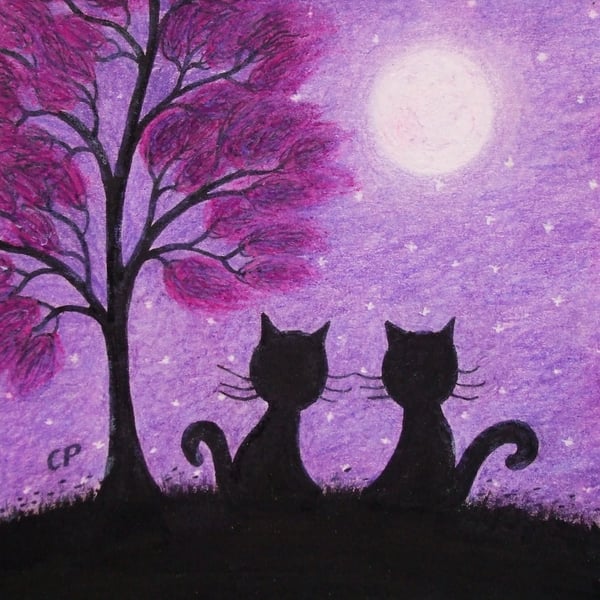 Cat Card, Purple Tree Moon Card, Two Black Cats Anniversary Card, Engagement Cat