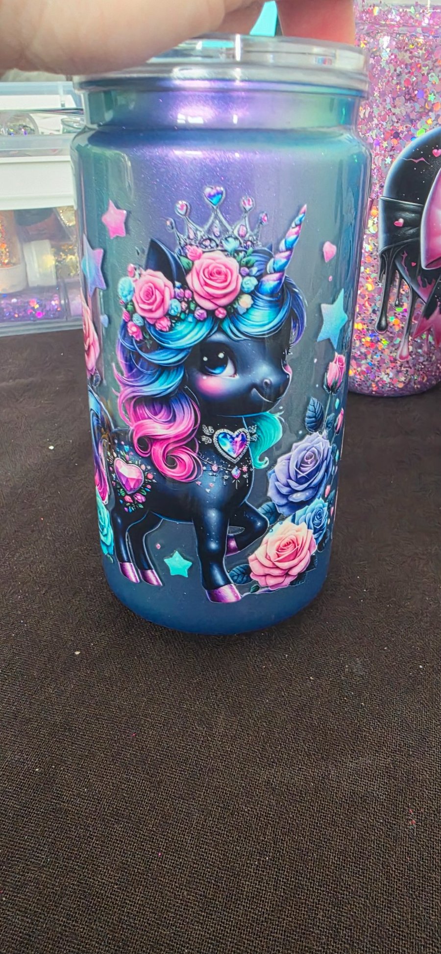 Snowglobe tumbler no flow cat eye effect, floral unicorn, with straw and lid 