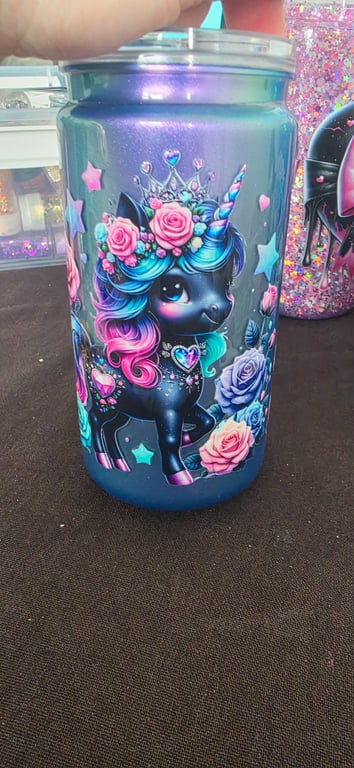 Snowglobe tumbler no flow cat eye effect, floral unicorn, with straw and lid 