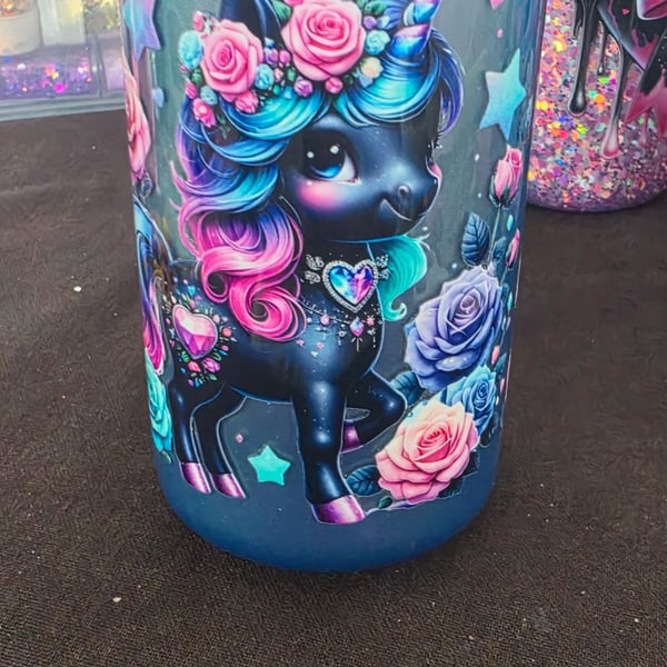 Snowglobe tumbler no flow cat eye effect, floral unicorn, with straw and lid 