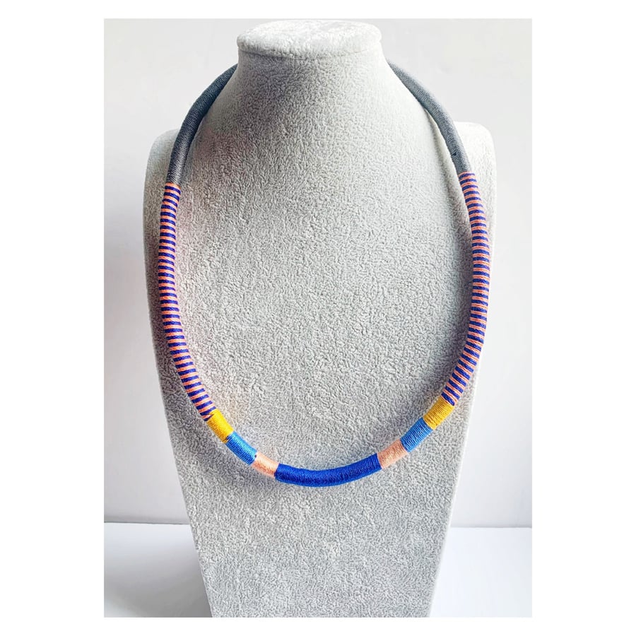 Statement blue striped necklace, Wrapped Cotton Necklace, Cotton Cord gift ideas