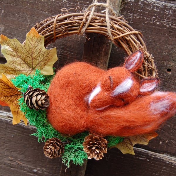  Wreath - Fox curled up asleep, needle felt fox