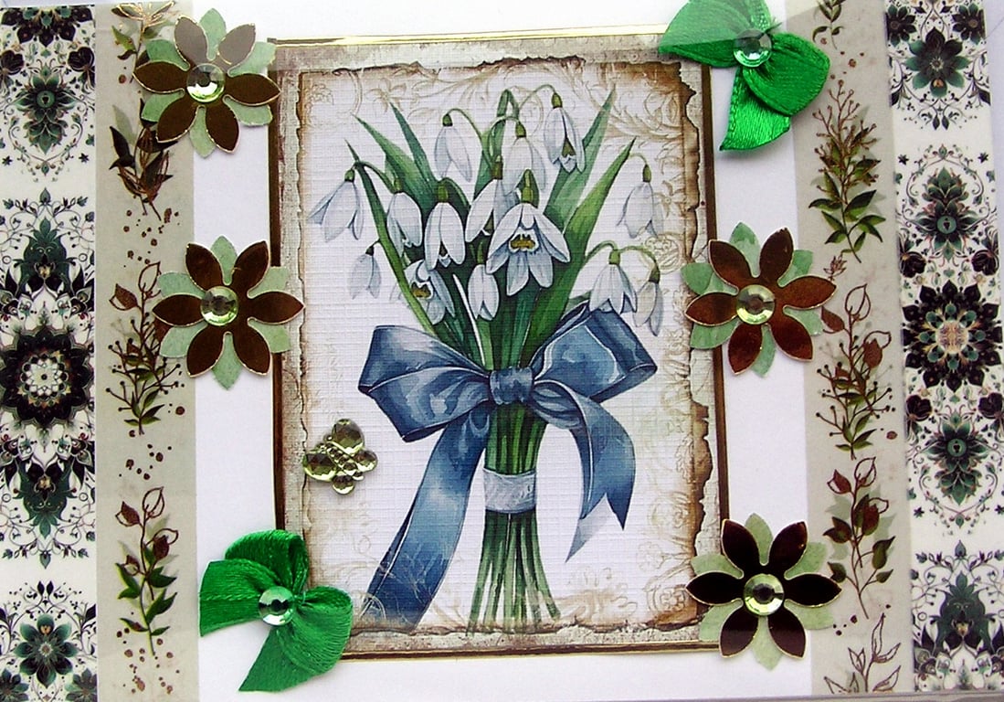Snowdrop Flowers - Hand Crafted Decoupage Greeting Card - Blank 3006