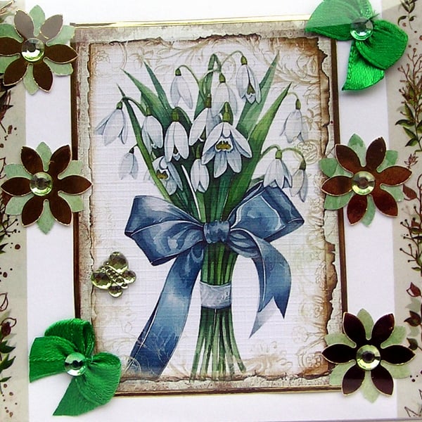 Snowdrop Flowers - Hand Crafted Decoupage Greeting Card - Blank 3006