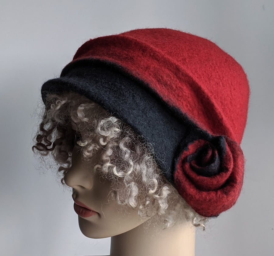 Felted wool cloche hat: Red and charcoal, double layered