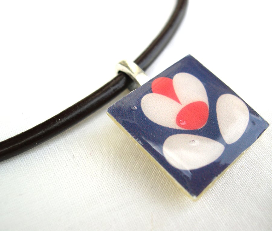 Leather and sterling silver Ceramic Tile Necklace Retro Resin Pendant