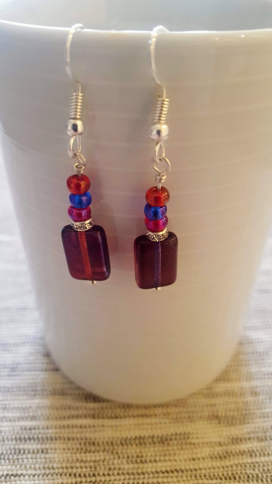 Claret Rectangle Glass Bead  Earrings