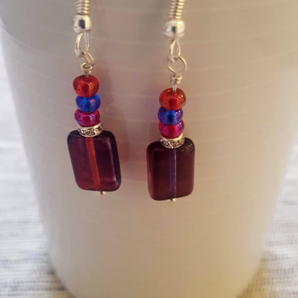 Claret Rectangle Glass Bead  Earrings